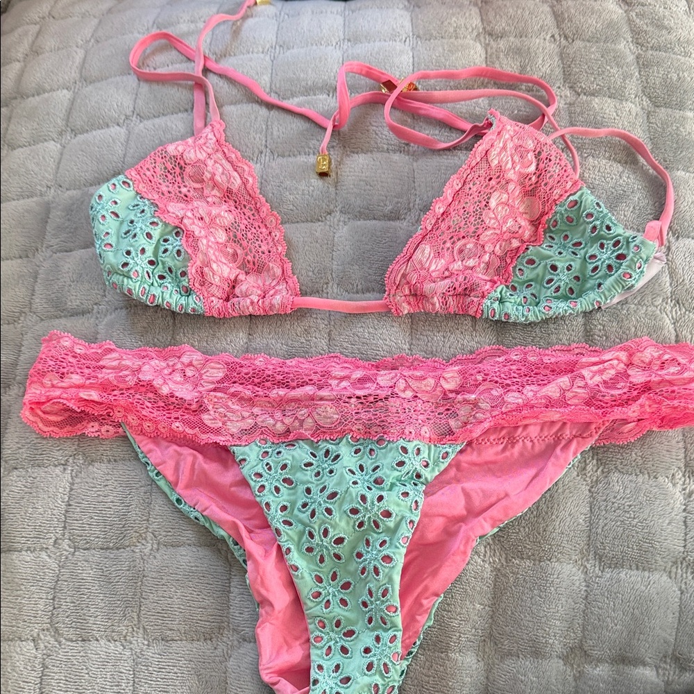 Never Worn Beach Bunny Pink and Green Lace Bikini Set